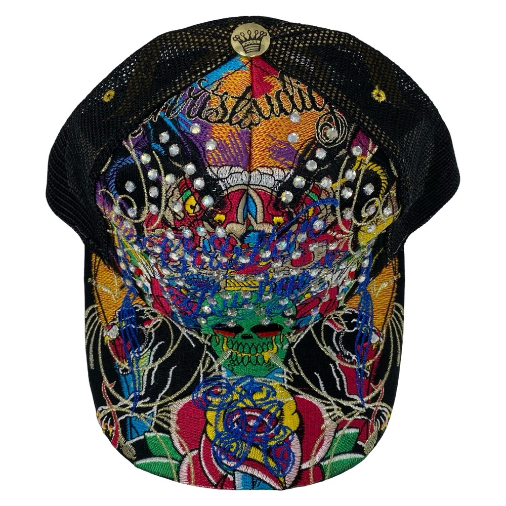 Christian Audigier Skull Rhinestone Embroidered Mesh Trucker Hat Black Multi - Picture 4 of 14